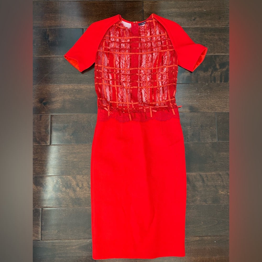 Bright True Red Crêpe Pencil Dress with French Lace Bodice Insert